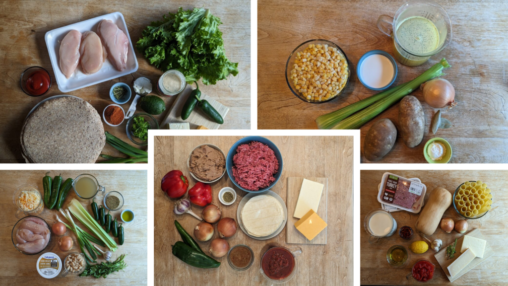 Compilation of the ingredients for all five recipes.